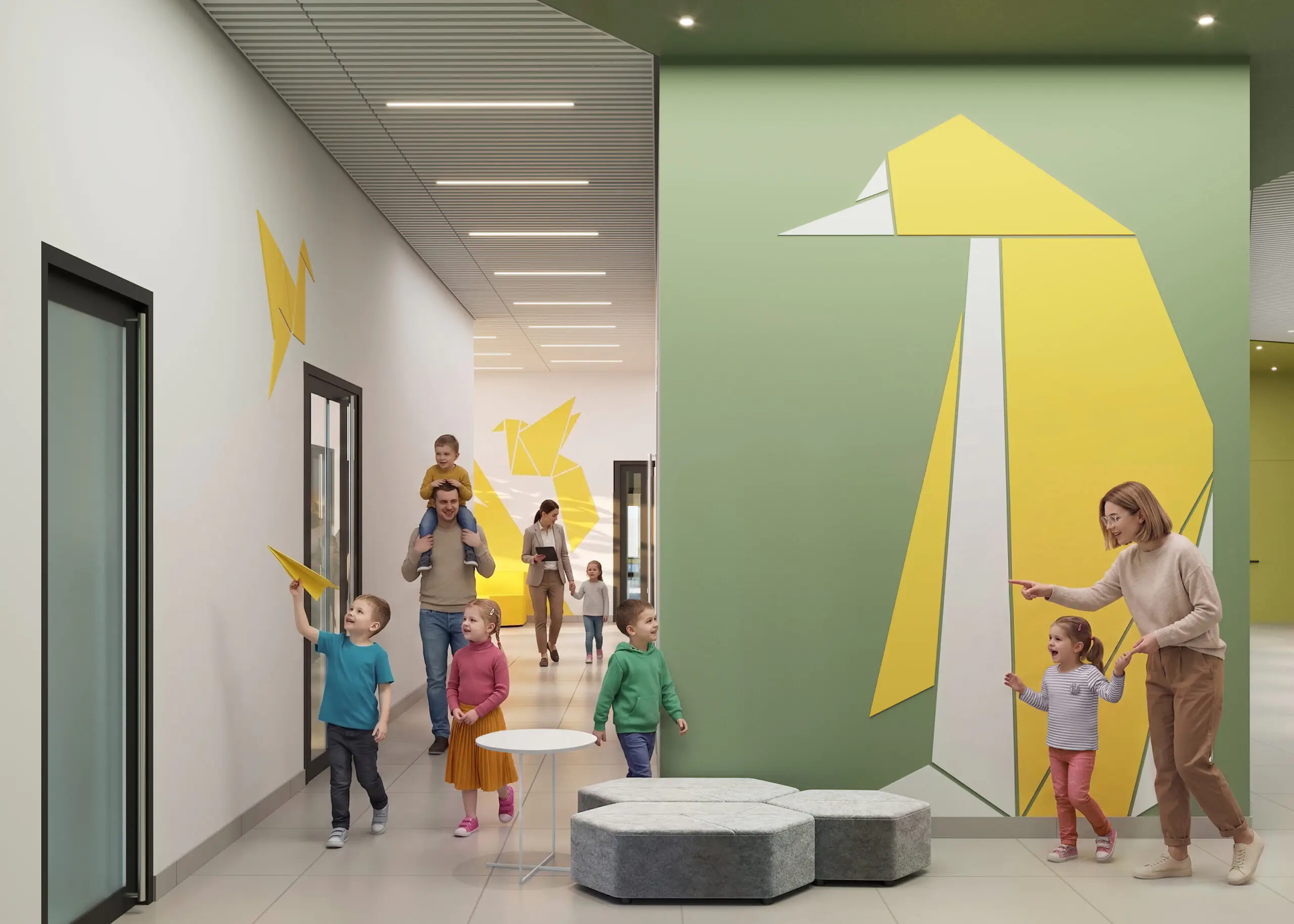 Preschool shared space with colour-based wayfinding