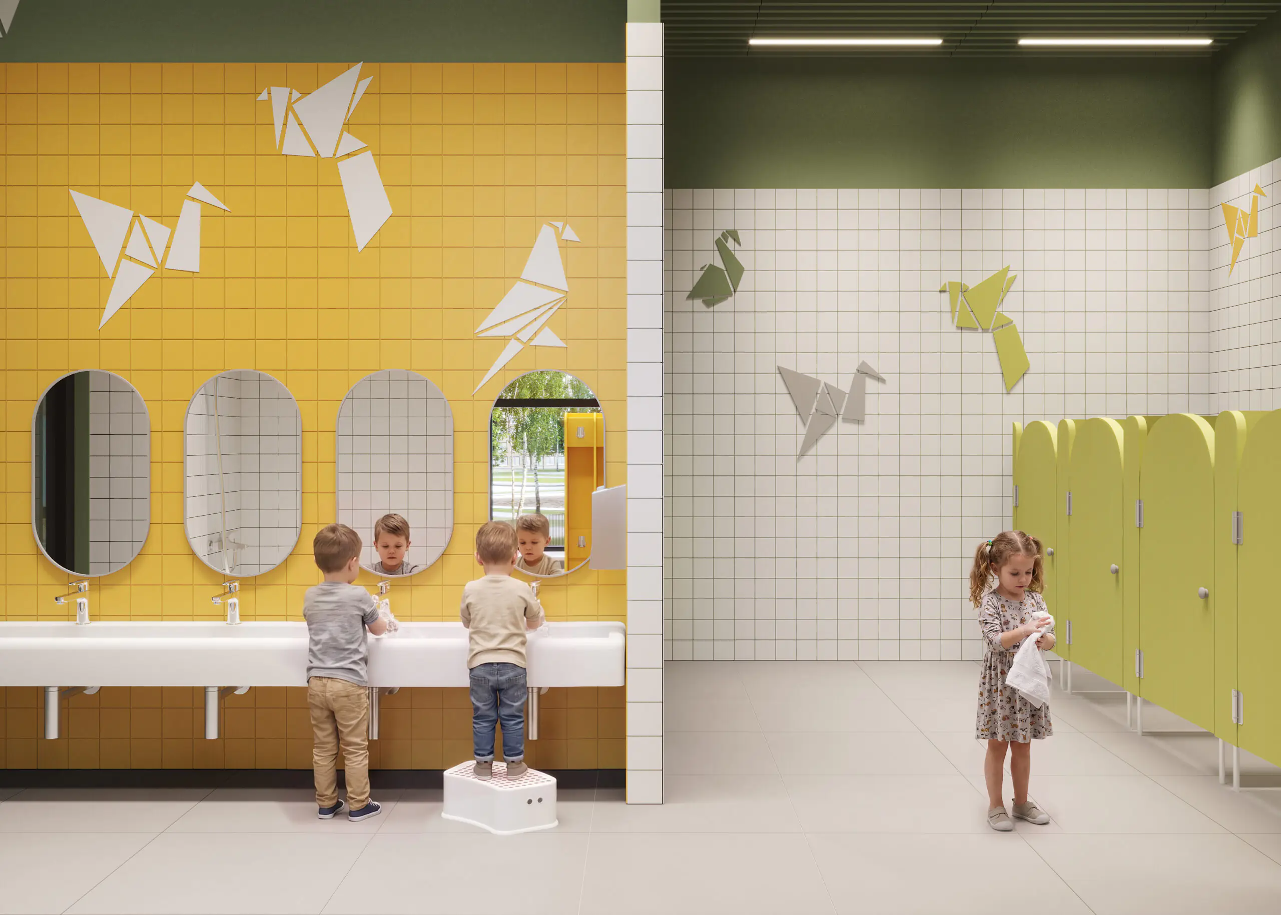 Preschool washroom with yellow and green wayfinding elements
