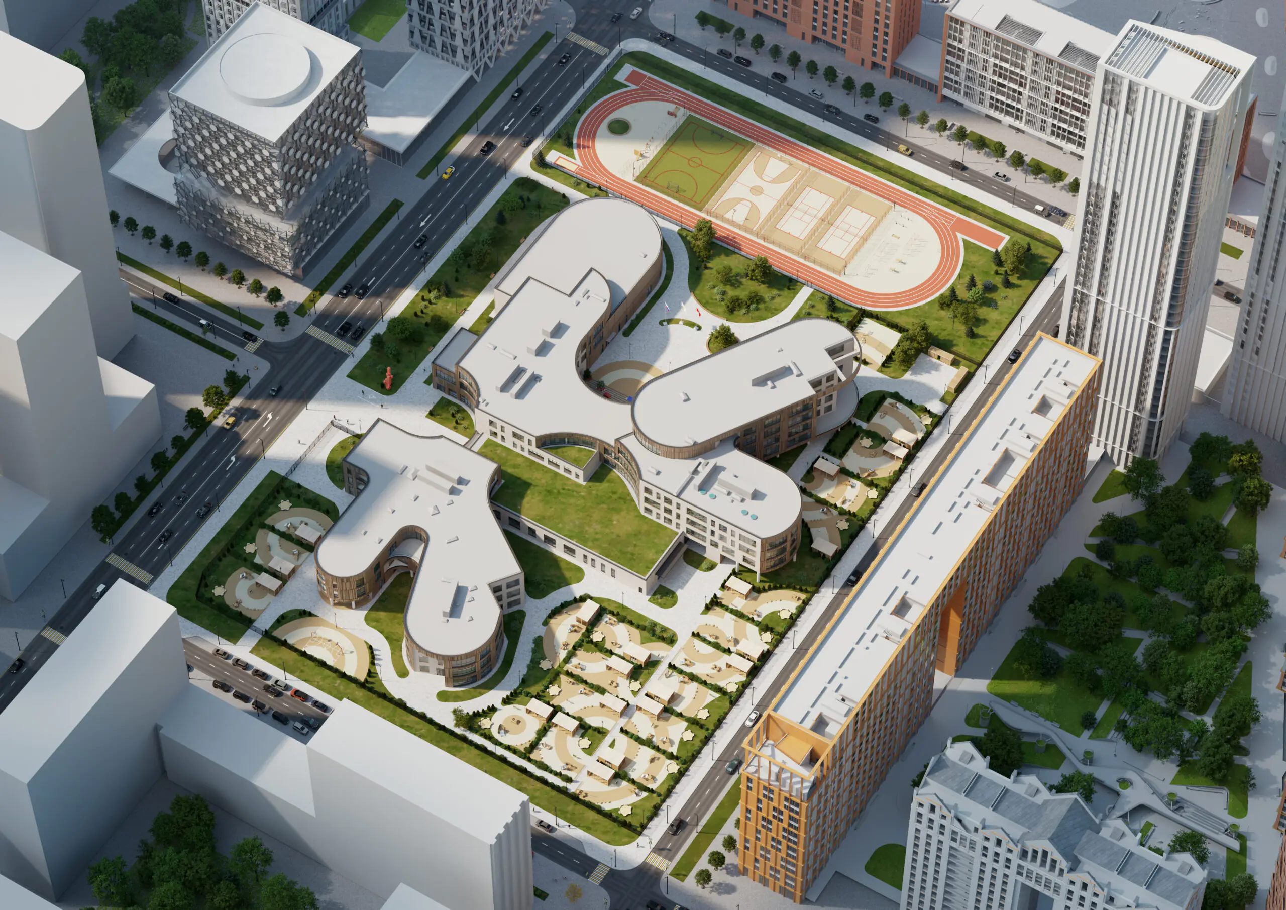 Aerial view of ZILART Educational Centre in Moscow with school, kindergarten and outdoor sports facilities