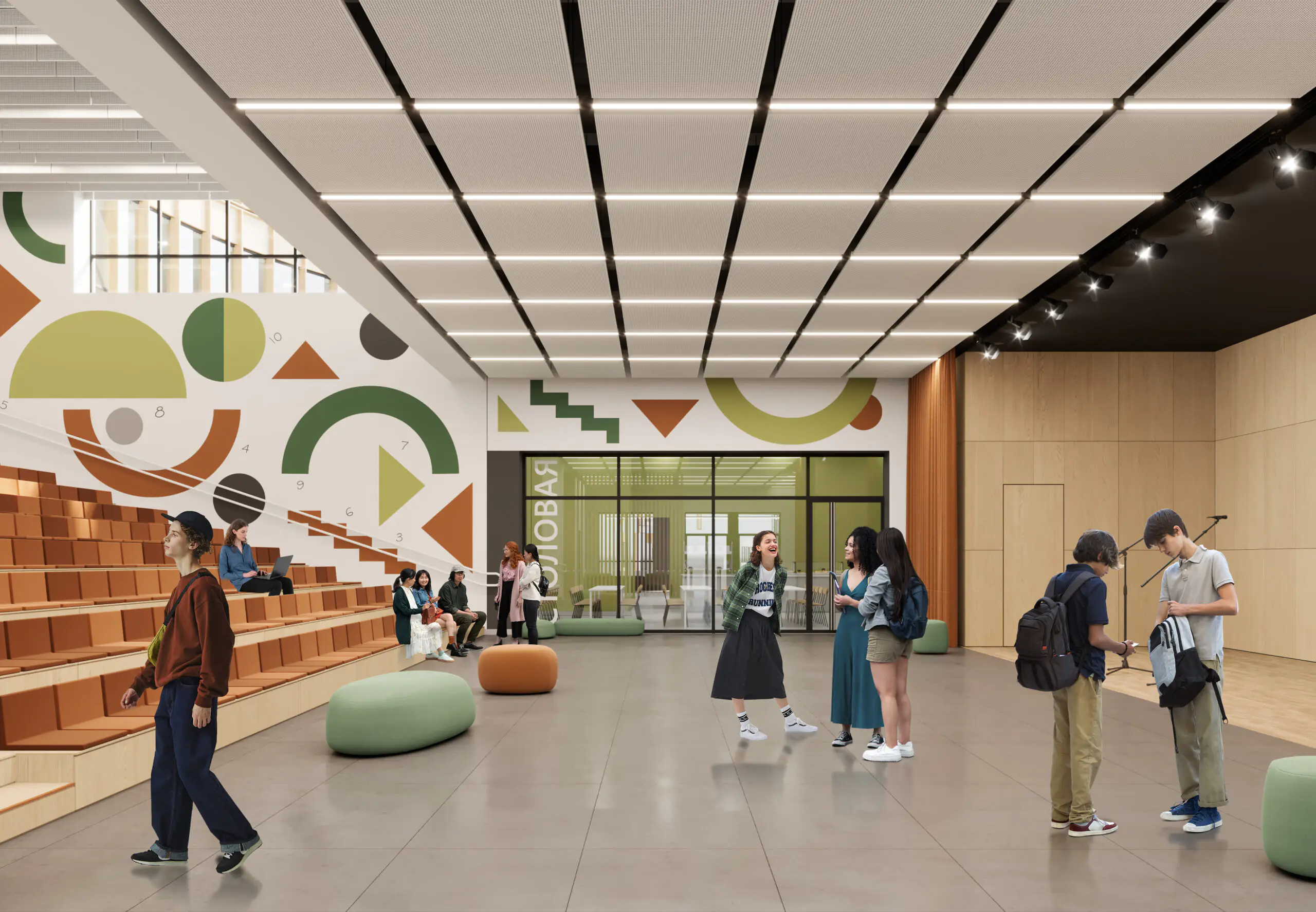 Multi-storey atrium at ZILART school with amphitheatre and space for school events